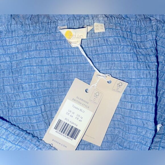 Boden NWT Carrie Smocked Linen Top Medium Blue Size 14 - Picture 6 of 6